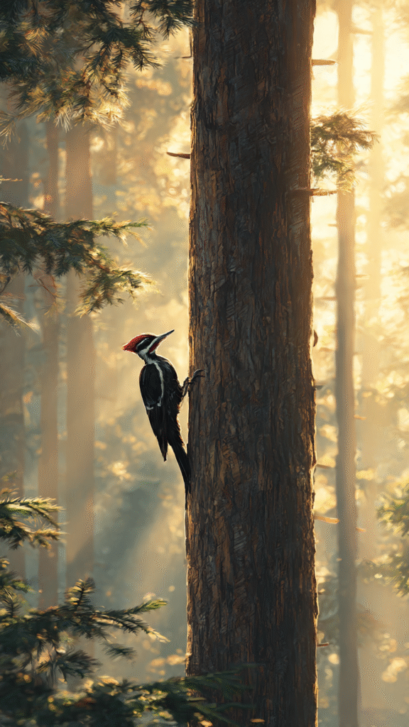 A woodpecker pecking persistently on one tree in a serene sunrise forest, symbolizing focus, patience, and the Law of Mastery.