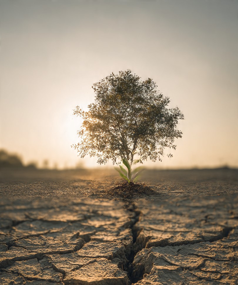 A young tree standing strong in dry soil under a warm sunrise, symbolizing patience, endurance, and the eventual sweetness of victory.