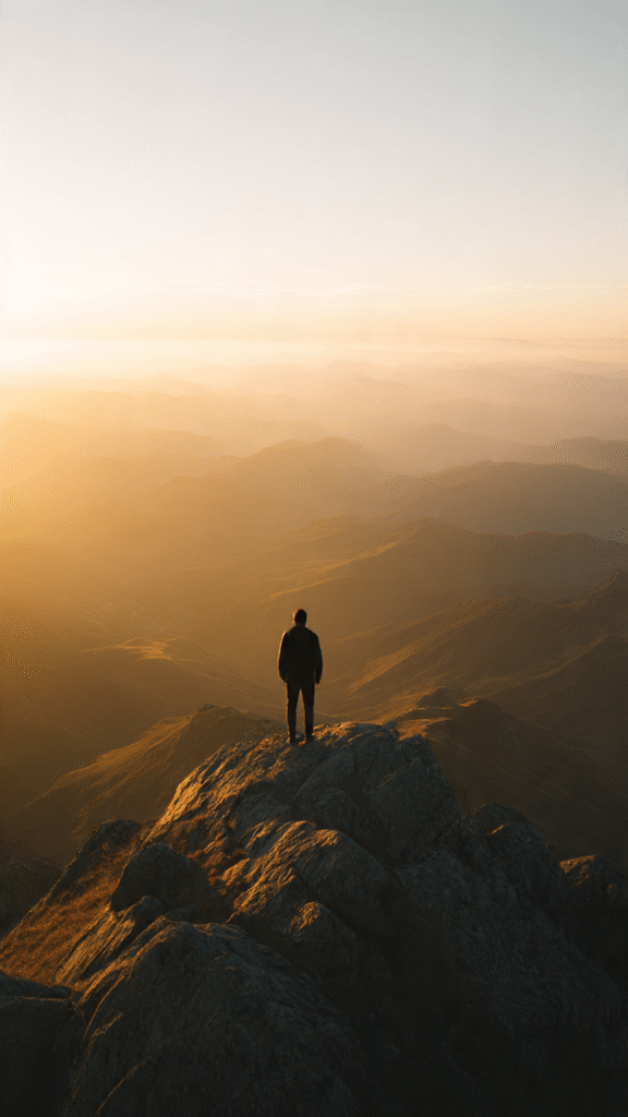 A lone person stands on a mountain peak at sunrise, symbolizing the strength, courage, and sacrifice required to achieve true freedom.