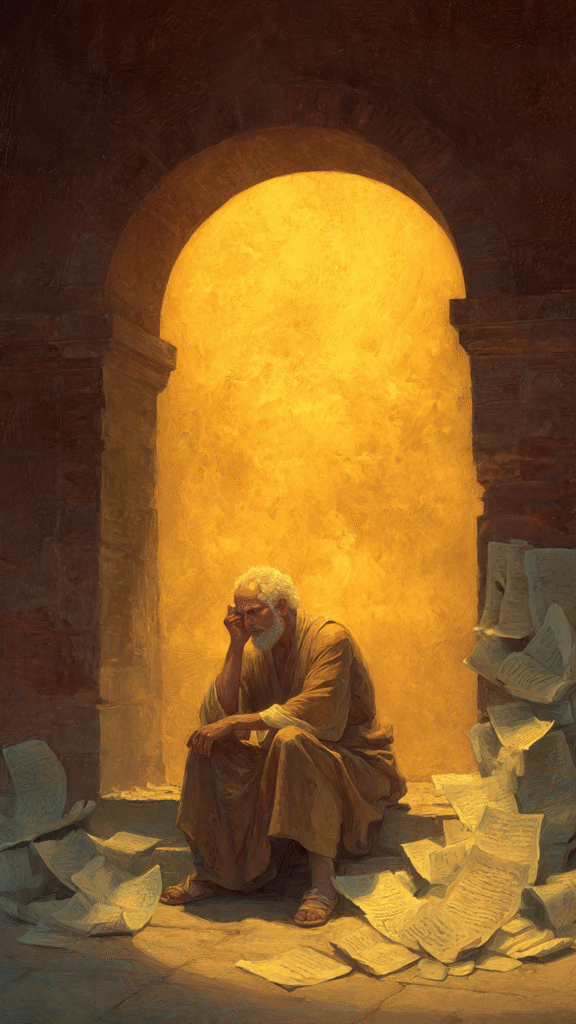 A philosopher teaching students using the Socratic Method, symbolizing the pursuit of truth through questioning and reflection.