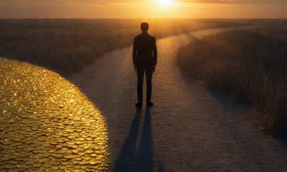 A thoughtful person standing at a crossroads, torn between the lure of quick riches and the promise of a bright, distant sunrise—symbolizing the choice between instant gratification and lasting wisdom.