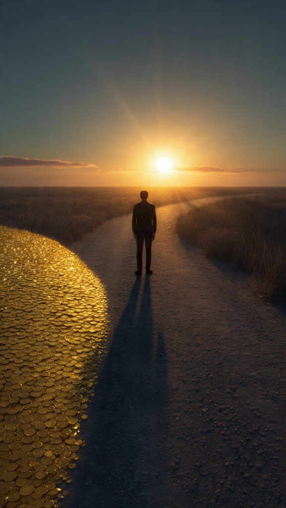 A thoughtful person standing at a crossroads, torn between the lure of quick riches and the promise of a bright, distant sunrise—symbolizing the choice between instant gratification and lasting wisdom.