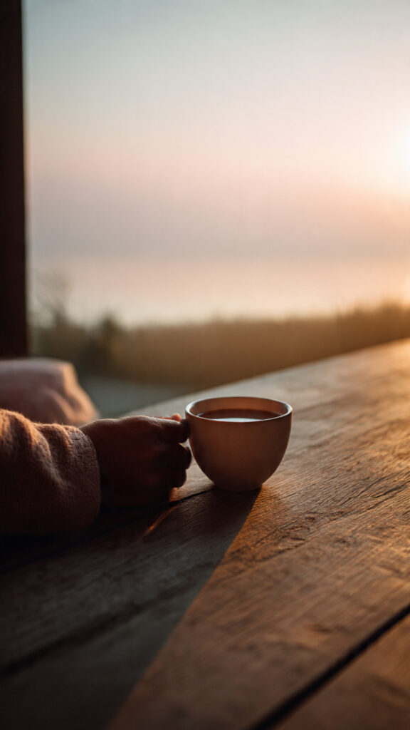 A serene morning moment showing a person enjoying a simple pleasure, sipping tea at sunrise, symbolizing peace, gratitude, and the beauty of simplicity.