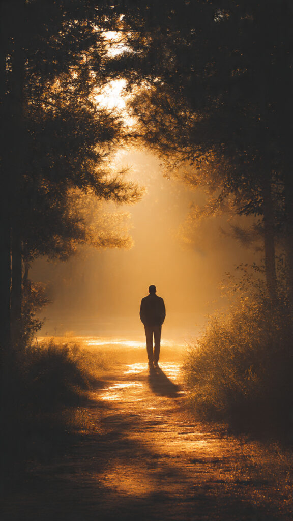 A person walking mindfully along a sunlit forest path at dawn, symbolizing spiritual wisdom and living with purpose from Ephesians 5:15-19