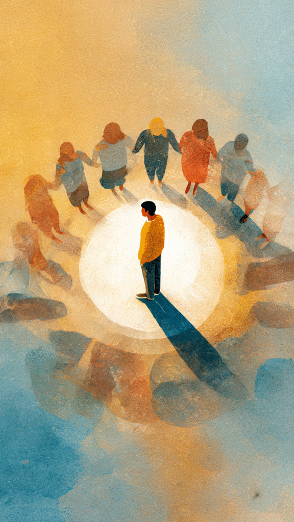 A person surrounded by supportive friends under soft sunlight, symbolizing the power of proximity and positive influence on personal growth.