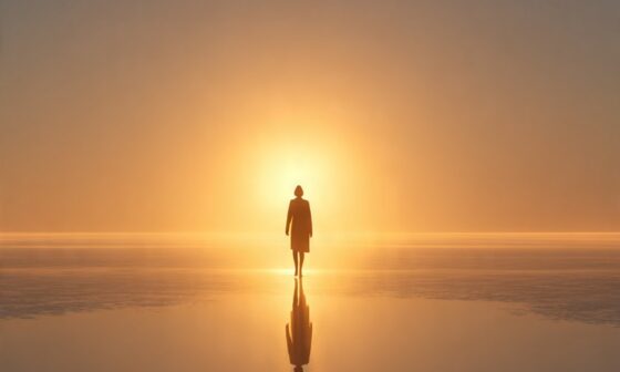A solitary person walking away from a spotlight at sunrise, symbolizing humility, integrity, and the strength to do good without seeking recognition.