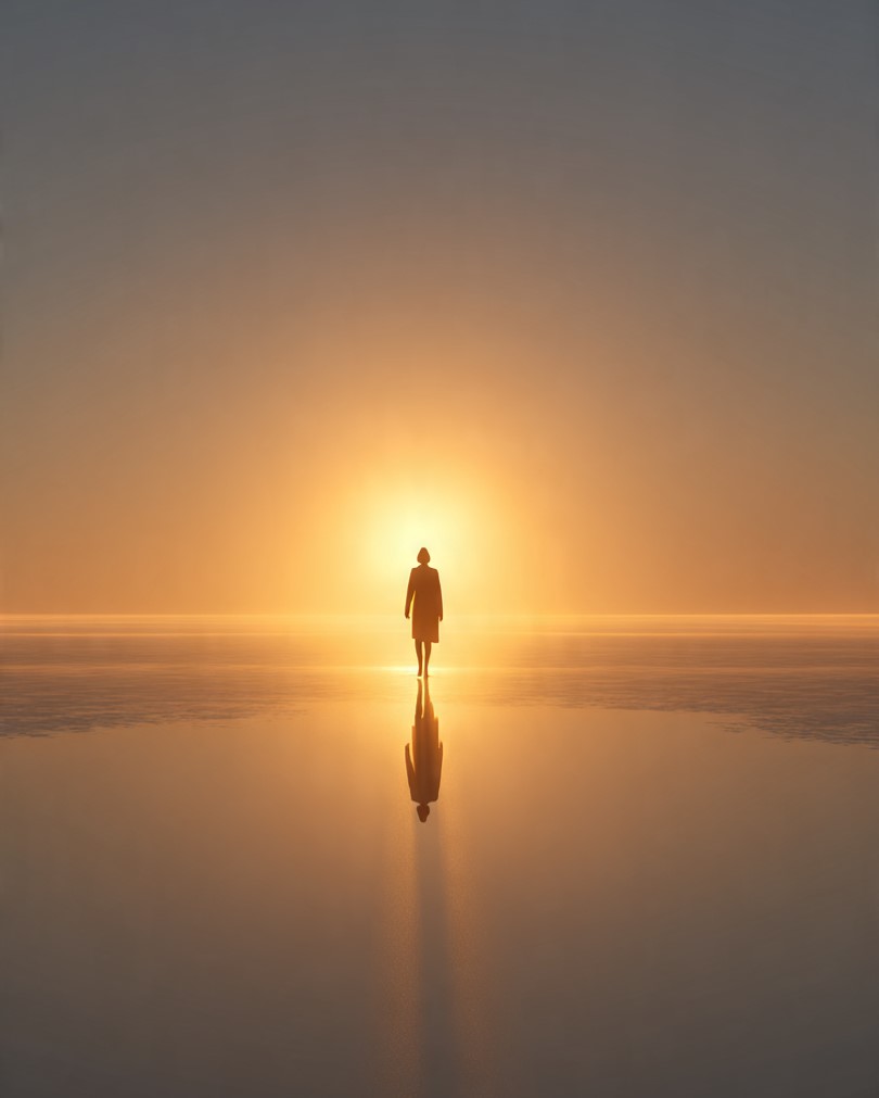 A solitary person walking away from a spotlight at sunrise, symbolizing humility, integrity, and the strength to do good without seeking recognition.