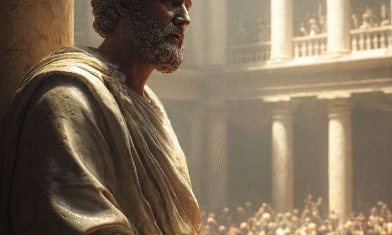 Marcus Aurelius reflecting in a Roman courtyard, representing the Stoic lesson of finding the good in people despite their flaws.