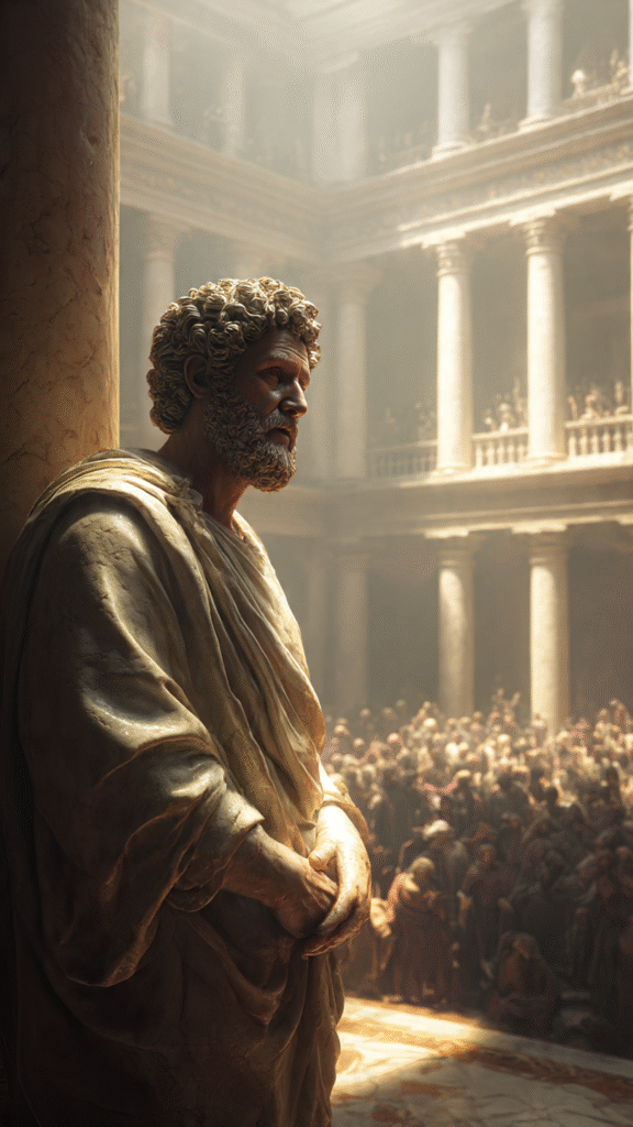 Marcus Aurelius reflecting in a Roman courtyard, representing the Stoic lesson of finding the good in people despite their flaws.