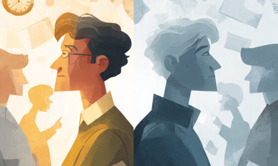 Illustration depicting the Actor–Observer Bias with one side showing a person overwhelmed by external circumstances and the other side showing observers judging the person’s character.