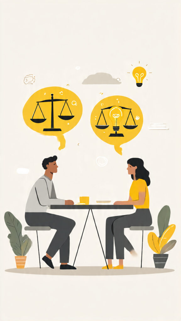 Two people calmly debating with symbols of reason and truth floating between them, representing logical discussion and the importance of addressing arguments instead of attacking people.