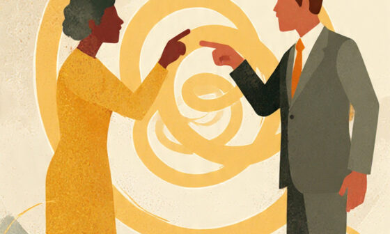 Two people pointing fingers at each other in a mirrored loop, symbolizing blame-shifting and the Appeal to Hypocrisy Fallacy.