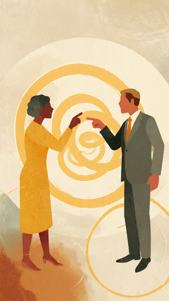 Two people pointing fingers at each other in a mirrored loop, symbolizing blame-shifting and the Appeal to Hypocrisy Fallacy.