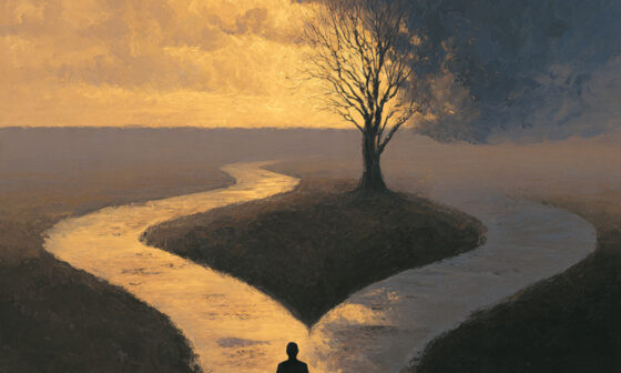 A person standing at a crossroads with one bright path and one dark path, symbolizing the contrast between choices and their consequences.