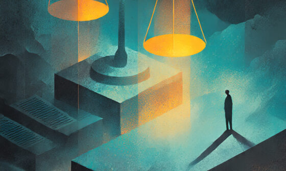 A glowing scale of justice weighed down by evidence on one side while a shadowy figure tries to tip the empty side, symbolizing the burden of proof fallacy.