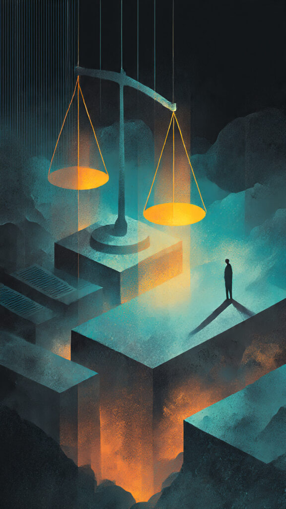A glowing scale of justice weighed down by evidence on one side while a shadowy figure tries to tip the empty side, symbolizing the burden of proof fallacy.