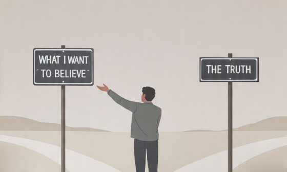 Illustration of a person choosing the comfortable belief over the path labeled ‘Truth,’ representing confirmation bias.