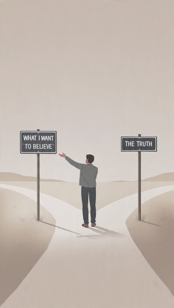 Illustration of a person choosing the comfortable belief over the path labeled ‘Truth,’ representing confirmation bias.