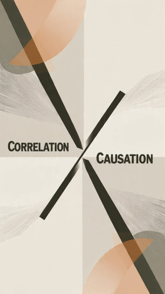 Illustration showing how correlation can be mistaken for causation, with two unrelated data lines connected by a broken arrow.