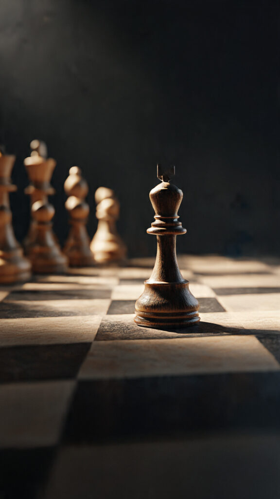 Chessboard showing a small captured piece while the overall position is lost, symbolizing short-term victory at the cost of long-term success.