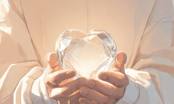 Symbolic illustration of a person holding a transparent glass heart representing honesty, clarity, and the purity of truth.