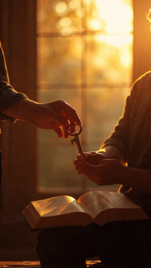 Hands holding a key above an open Bible, representing faithfulness, integrity, and the responsibility of being a trusted steward of God’s gifts.