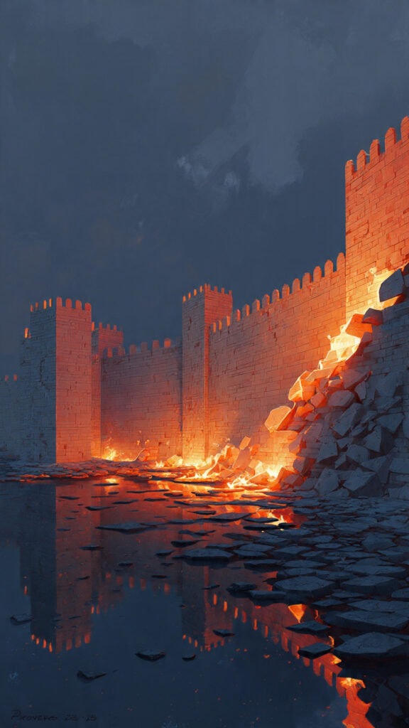 Ancient city wall with a broken section symbolizing lack of self-control in Proverbs 25:28.