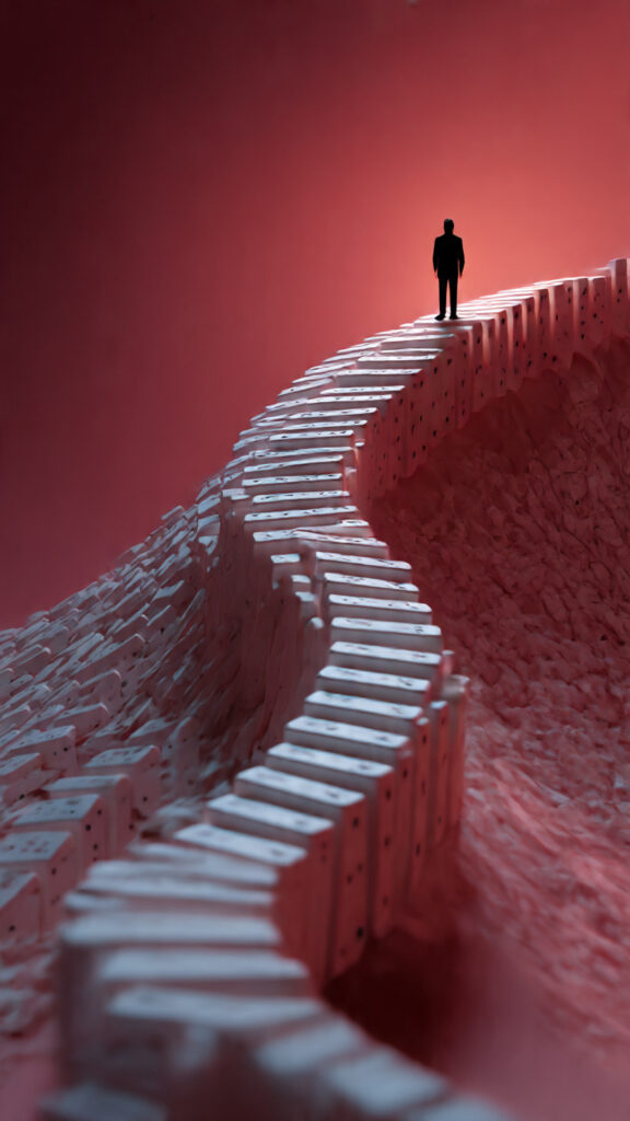 An abstract concept illustration of a person on a steep slope made of dominoes, representing the chain reaction of the slippery slope fallacy.
