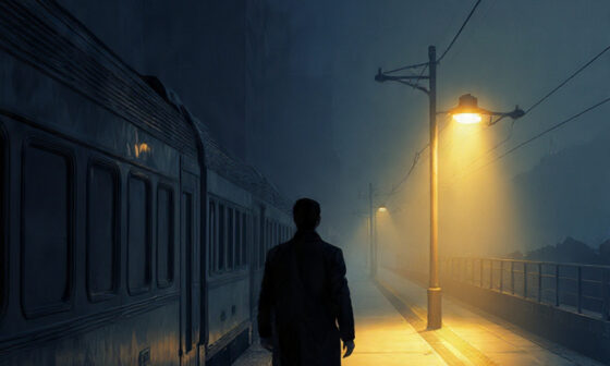 Illustration of someone stepping off a moving train onto a bright platform, symbolizing stopping a wrong path early.