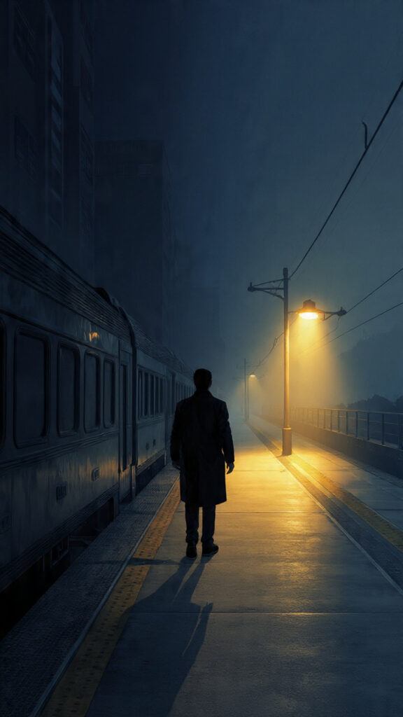 Illustration of someone stepping off a moving train onto a bright platform, symbolizing stopping a wrong path early.