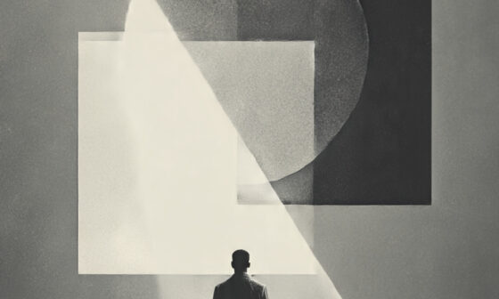 Conceptual illustration of a person facing two conflicting shapes that symbolize contradiction and the paradox of self-referencing thought.