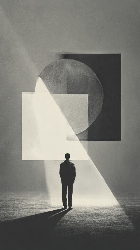 Conceptual illustration of a person facing two conflicting shapes that symbolize contradiction and the paradox of self-referencing thought.