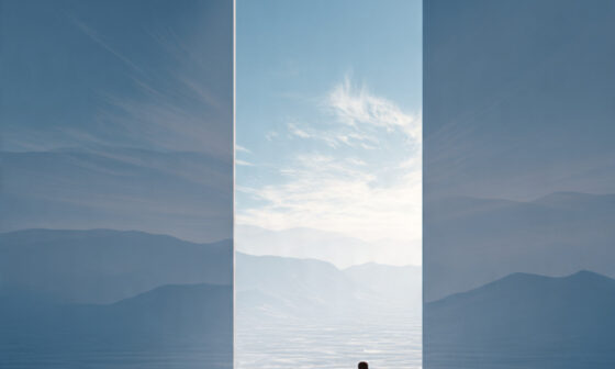 Person standing at an open doorway looking out onto multiple bright paths symbolizing opportunities and the Luck Razor.