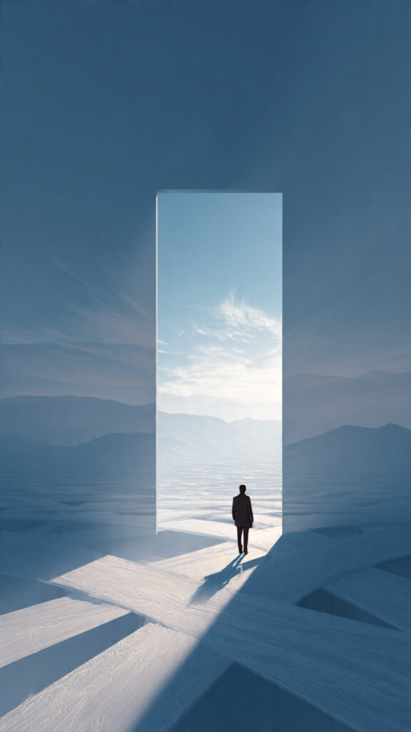 Person standing at an open doorway looking out onto multiple bright paths symbolizing opportunities and the Luck Razor.