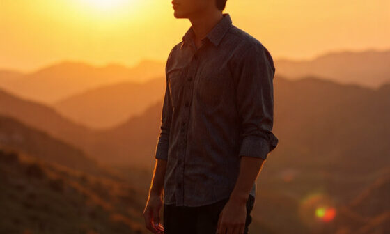 A young man standing on a hilltop at sunrise, symbolizing self-restraint, integrity, and the quiet strength of living with purpose.