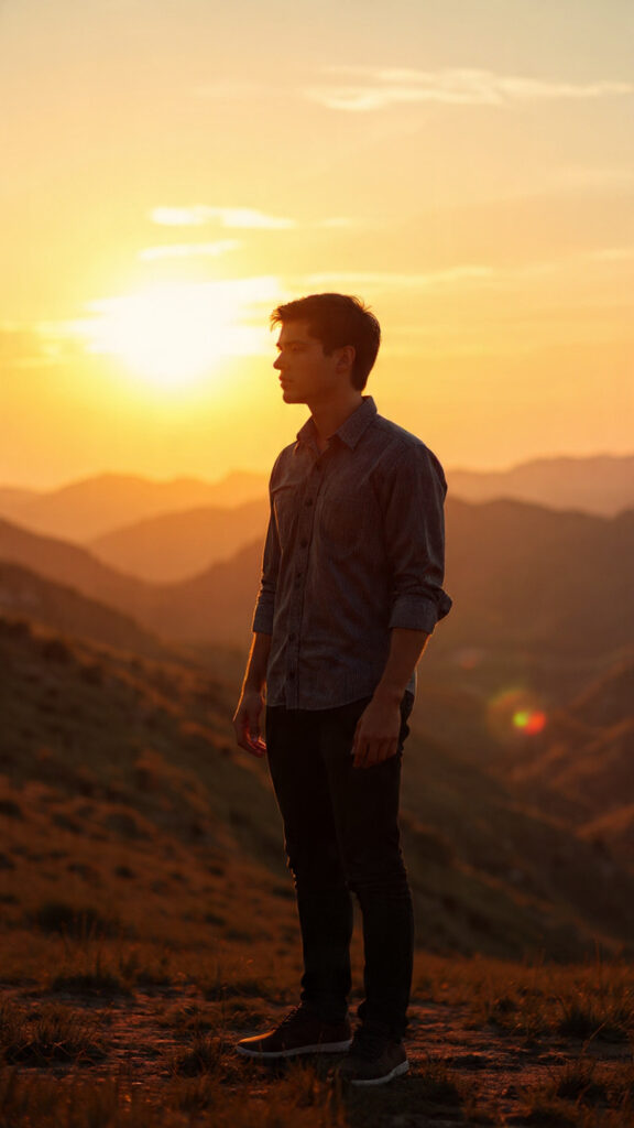 A young man standing on a hilltop at sunrise, symbolizing self-restraint, integrity, and the quiet strength of living with purpose.