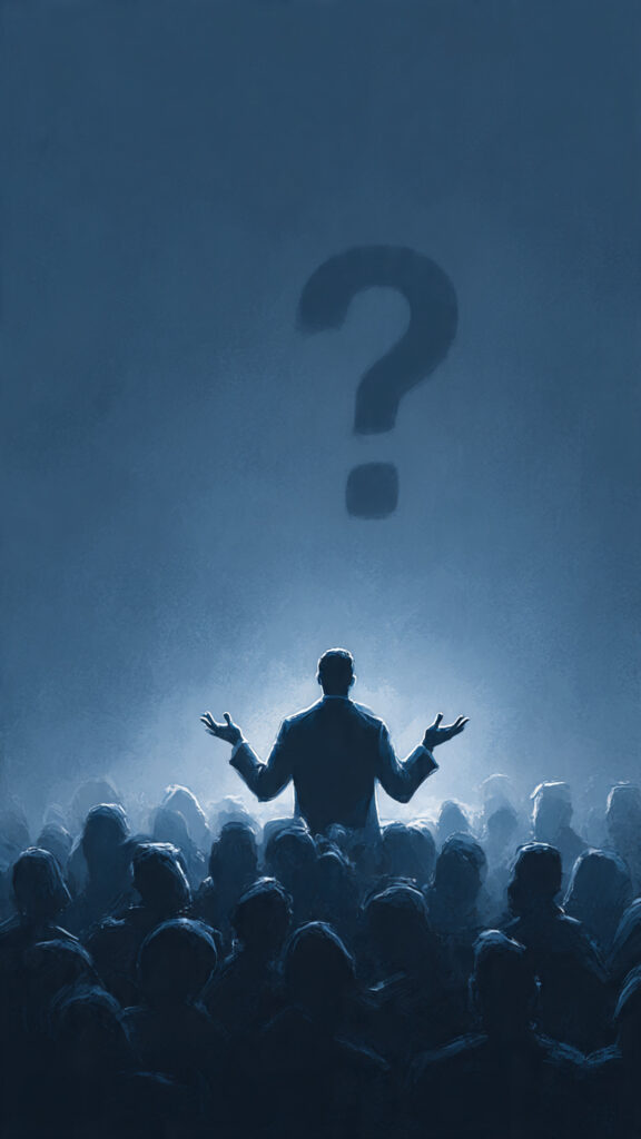 A person appealing emotionally to an audience, representing how the Appeal to Pity Fallacy uses emotion to sway logic.