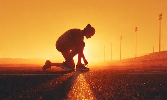 Runner tying shoelaces at sunrise on an empty track, symbolizing discipline preparing the way for freedom.