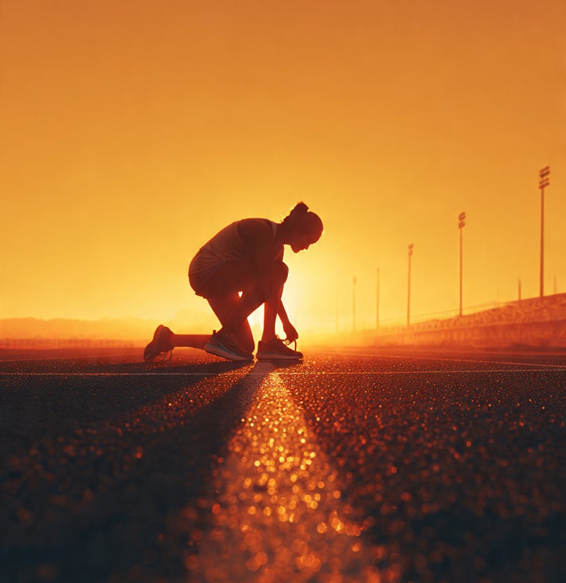 Runner tying shoelaces at sunrise on an empty track, symbolizing discipline preparing the way for freedom.