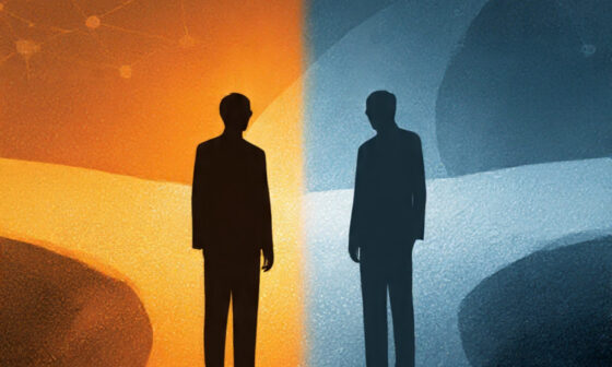 Illustration of two people standing at a crossroads, representing the choice between trust and self-interest in game theory and personal growth.