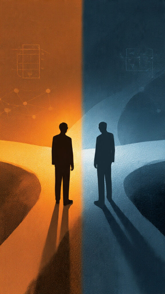 Illustration of two people standing at a crossroads, representing the choice between trust and self-interest in game theory and personal growth.