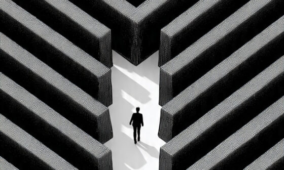 Overconfident person walking into a complex maze they believe is simple, representing the Dunning–Kruger Effect.