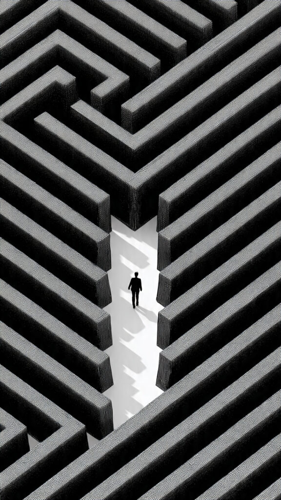 Overconfident person walking into a complex maze they believe is simple, representing the Dunning–Kruger Effect.