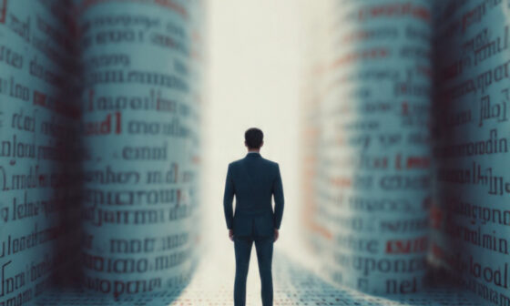 Illustration representing the Equivocation Fallacy with a person facing two identical words that change meaning, symbolizing ambiguity and deceptive wordplay.