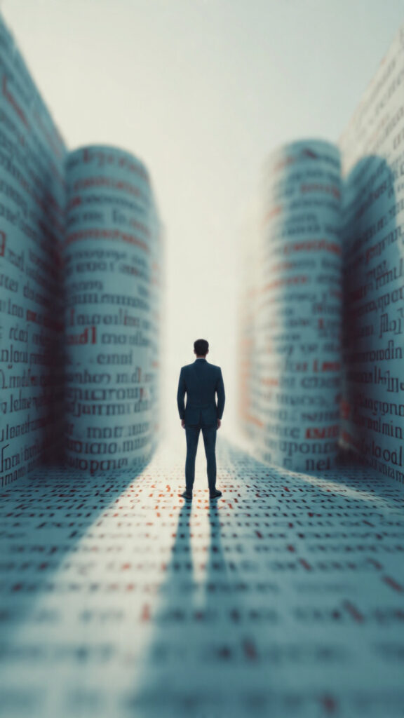 Illustration representing the Equivocation Fallacy with a person facing two identical words that change meaning, symbolizing ambiguity and deceptive wordplay.