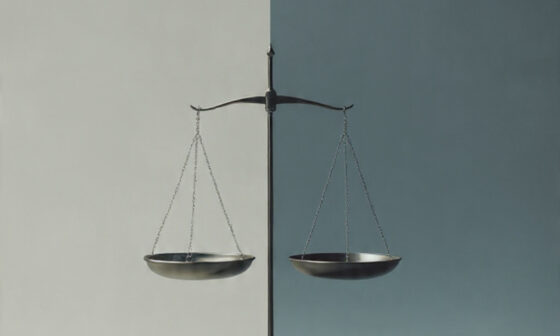 Symbolic image of a balanced scale where one side holds solid evidence and the other holds fog, representing the illusion of neutrality in the Middle Ground Fallacy.