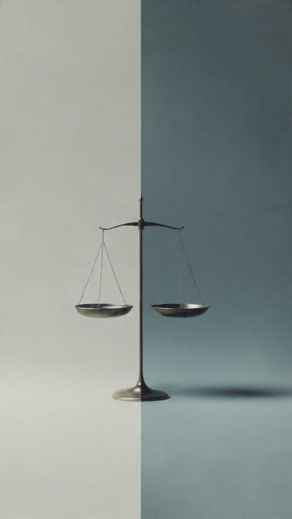 Symbolic image of a balanced scale where one side holds solid evidence and the other holds fog, representing the illusion of neutrality in the Middle Ground Fallacy.