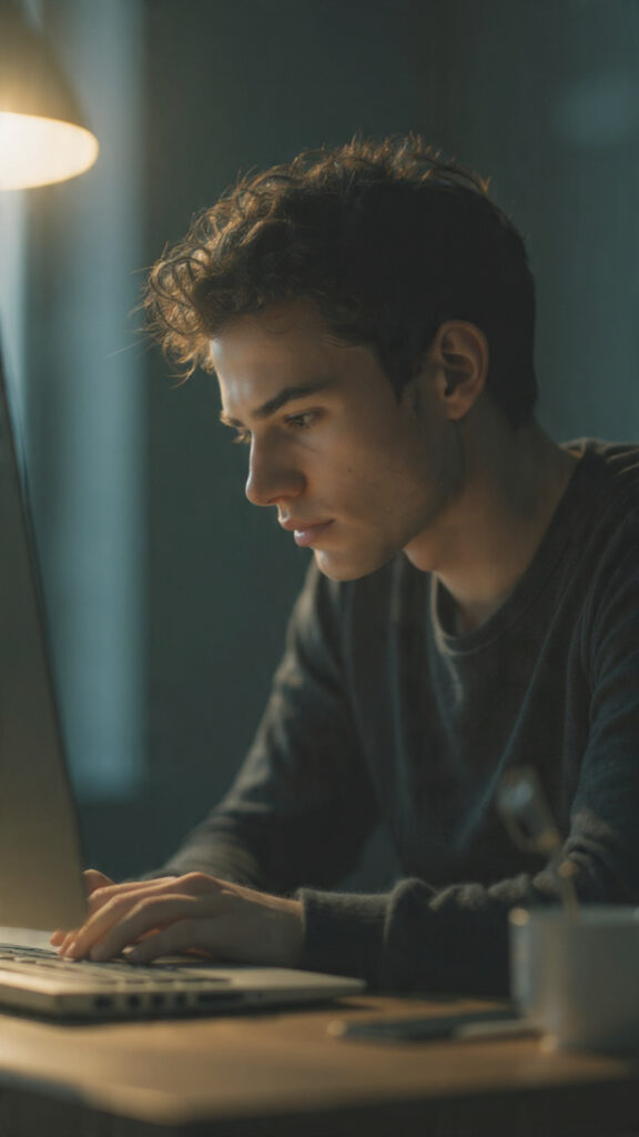 A focused individual working intently at a desk with a blurred background symbolizing distraction-free concentration toward their goals.