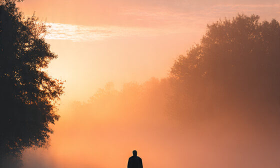 A person taking the first step on a misty road at sunrise, symbolizing the courage to start before feeling ready.