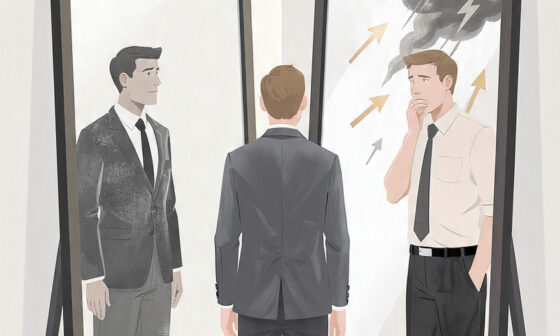 Illustration showing a person seeing a positive reflection for success and blaming external factors for failure, representing the self-serving bias.